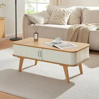 [en.casa] Couchtisch Tysvær Wohnzimmertisch Mit 2 Schiebetüren Cremeweiß Bambus Sofatisch Mit Stauraum 100 X 50 X 40 Cm