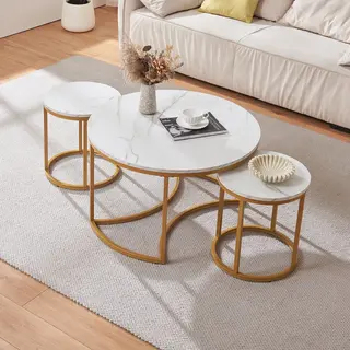 Salontafel Christchurch Rond Set Van 3 Marmer Wit En Goudkleurig [en.casa]