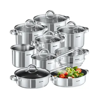 Tectake® 15-delige Kookpannenset - Kookpottenset - Kookpan - Steelpan Met Anti-aanbaklaag - Koekenpan - Rvs Pannen - Pannenset - Voor Inductie En
