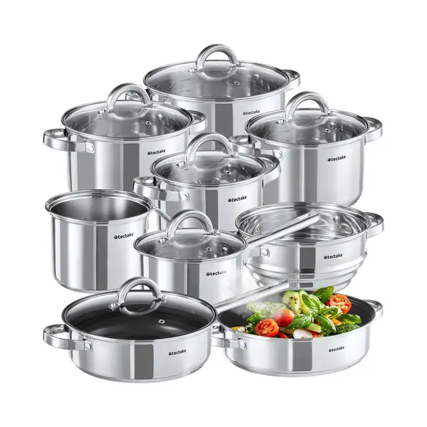 Tectake® 15-Piece Pot & Pan Set In Stainless Steel With Non-Stick Coating, Pots & Saucepan Set, Incl. Steamer, Milk Pot & Glass Lids, Dishwasher-Safe thumbnail
