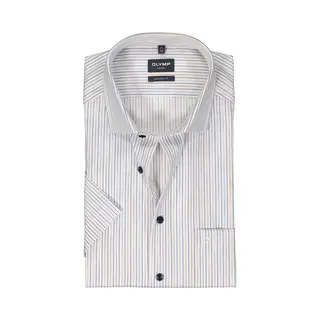 Olymp Modern Fit Overhemd - Korte Mouw - Popeline - Wit Met Beige En Blauw Gestreept - Strijkvrij - Boordmaat, 41