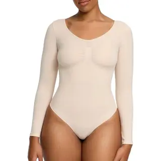 Creamy Fabrics Damen Figurformender Shapewear Bodysuit Mit String – Longsleeve Body Für Unsichtbaren Sitz – Starke Kompression Bauch & Taille –