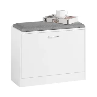 SoBuy Schoenenbank Met Zitkussen, Compact Schoenenrek Met Klep En Opbergruimte, Zitbank Voor Hal, Wit, FSR16-K-W