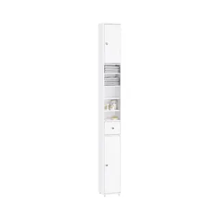 SoBuy Hoge Badkamerkast - Vrijstaande Smalle Kolomkast, Waterbestendig Met Verstelbare Planken En Lade - Compacte Badkamermeubel Van Hout, Wit,