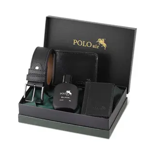 Jungengel Polo Air Cadeauset Voor Mannen - 4-delig - Riem Portemonnee Pasjeshouder & Parfum 50ml - Luxe Geschenkset Zwart