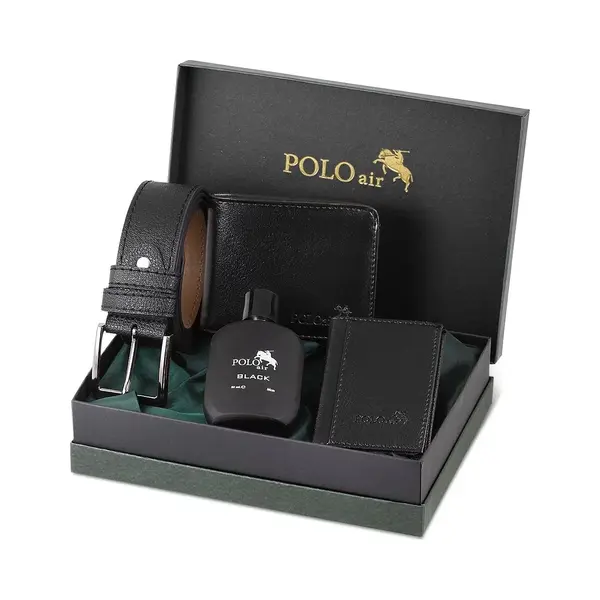 Jungengel Polo Air Herren Geschenk-Set 4-Teilig - Mit Parfum Gürtel Geldbörse Kartenetui - Schwarz Inklusive Premium Geschenkbox Für Männer thumbnail