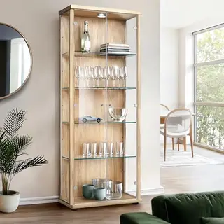 K-Möbel Vitrinekast Met Glas Staand Met 2 Deuren, 4 In Hoogte Verstelbare Glasplanken - Vitrinekast Met Led Verlichting - 176x67x33 Cm -