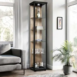 K-Möbel Glasvitrine Stehend (176x37x33cm) - Made In Germany - Vitrinenschrank Schwarz/Sonoma Eiche Mit 4 Höhenverstellbaren Glasböden & Led -
