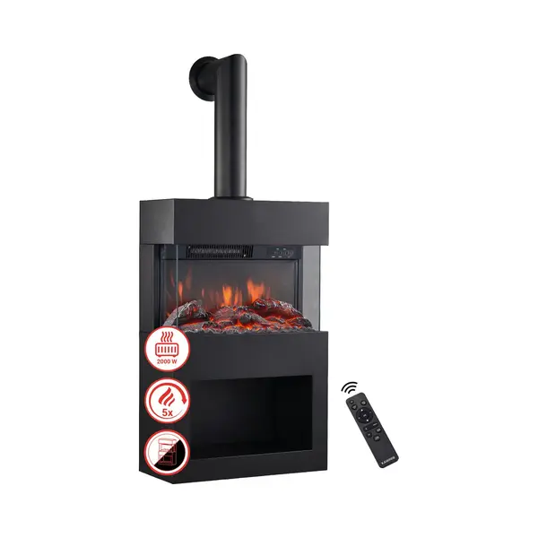 Kaminio Electric Fireplace Henri With Stove Pipe - Electric Stove With Heater, 3D Flame Effect, Wood Storage Compartment, Remote Control (Black) thumbnail