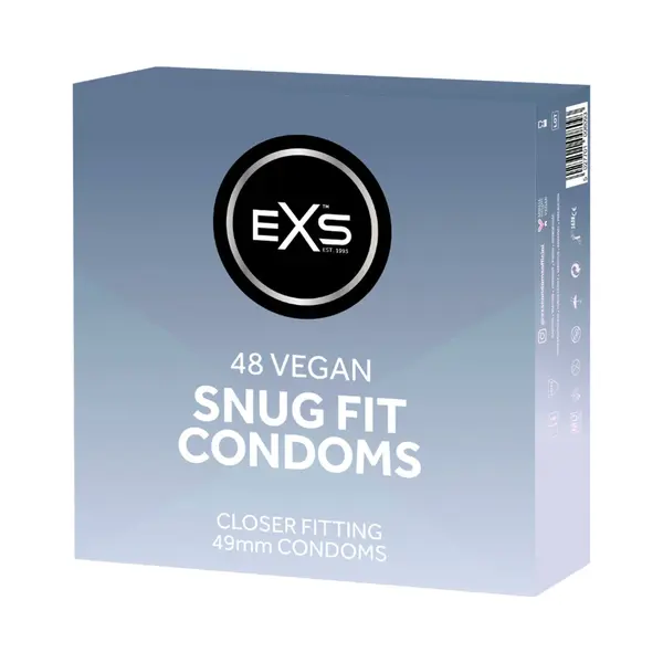 Exs Snug Fit Condoms (48 Pack) 49mm Width, Premium Latex With Non-Spermicidal Lube, Straight-Walled With Teat, Peta-Approved Vegan Condom, 3 Year Life thumbnail