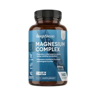 WeightWorld Magnesiumcomplex 490 Mg Magnesiumbisglycinaat, Citraat, Malaat En Tauraat (4 Soorten) 180 Capsules, 6 Maanden Levering, Veganistisch, Gmo-vrij,