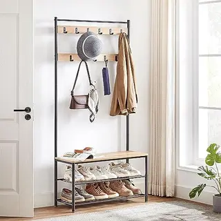 Acaza 3-in-1 Garderobenständer Mit Bank & Schuhregal – Flurmöbel Aus Metall Und Holz – Kleiderständer Mit Sitzbank – 85 X 32 X 175cm - Eiche
