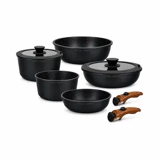 Royal Swiss® 9-teiliges Pfannenset Mit Abnehmbaren Griffen – Keramische Antihaftbeschichtung (Pfas- & Pfoa-frei) – Induktionsgeeignet – Schwarz
