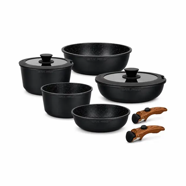 Royal Swiss 9-Piece Non-Stick Cookware Set With Removable Handles – Aluminium Pots & Pans Set With Glass Lids, Induction Compatible, Space Saving thumbnail