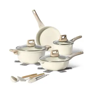 Just Perfecto Household Appliances Just Perfecto Induction Cookware Set Of Saucepans With Lid - All Heat Sources - Non-Stick Frying Pan - Pfoa And Ptfe Free - Set With Pans (13 X Biege)