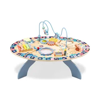 Mamabrum Houten Educatieve Tafel Voor Kinderen Vanaf 6 Maanden, Interactieve Tafel, Bekkens, Trommel, Labyrint, Dieren, Bewegende Tandwielen,
