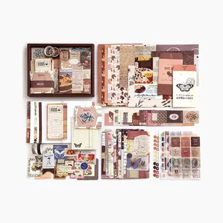 Hangzhou Simno Culture And Art Co., Ltd. Shulian Lightheart Design Retro Vintage Tagebuch A6 Scrapbook Set, Braun Kariertes Notizbuch Mit 155 Stück Journal Zubehör, Scrapbook Aufkleber