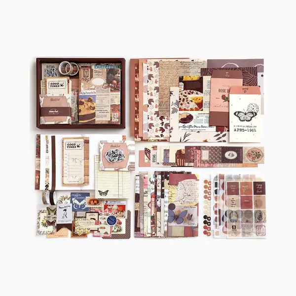 Hangzhou Simno Culture And Art Co., Ltd. Shulian Lightheart Design Retro Vintage Tagebuch A6 Scrapbook Set, Braun Kariertes Notizbuch Mit 155 Stück Journal Zubehör, Scrapbook Aufkleber thumbnail