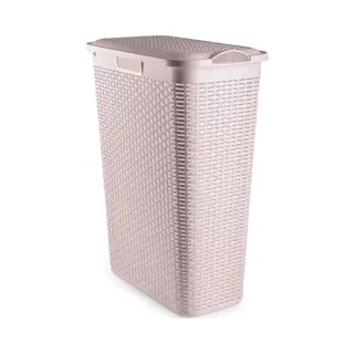 Plasticforte Smalle Wasmand Met Deksel Rotan - Roze - Gevlochten Kunststof - 48 Liter - 27 X 46 X 60 Cm