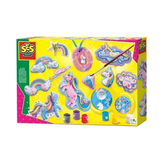 Ses Creative Gieten en schilderen - Eenhoorns - unicorn - sneldrogend - met vormpjes, gips, verf, penseel, glitters, gladstrijkkam en satijnband
