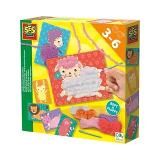 Ses Creative Fluffy Dieren Borduren - borduur 6 verschillende vachtjes - met kunststof naald en zacht garen in 6 kleuren