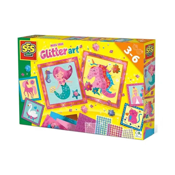 Ses Creative Knoeivrije glitter kunst - 6 stickerkaarten met glimmend transferfolie, glitter stickers en glitter pompons thumbnail