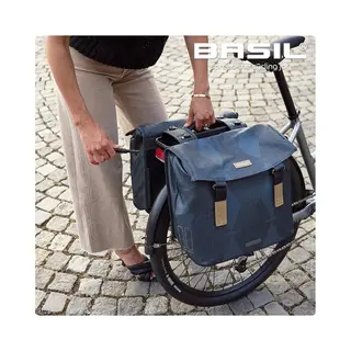Basil Elegance - Fahrrad Doppeltasche Mik Blau Chateau Taupe - 40-49 Liter - 16 X 36 X 32 Cm - Wasserabweisenden Faltverschlusses