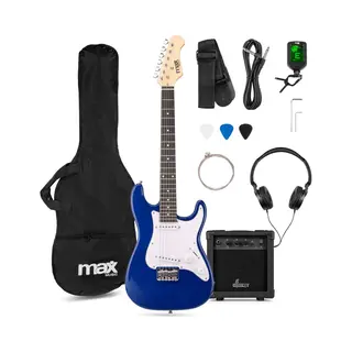 Max GigKit Junior E-Gitarre Kinder 8-12 Jahre Mit Verstärker Blau 3/4 | Tasche, Plektrum, Gurt, Stimmgerät, Kabel, Kopfhörer, Solid Body,