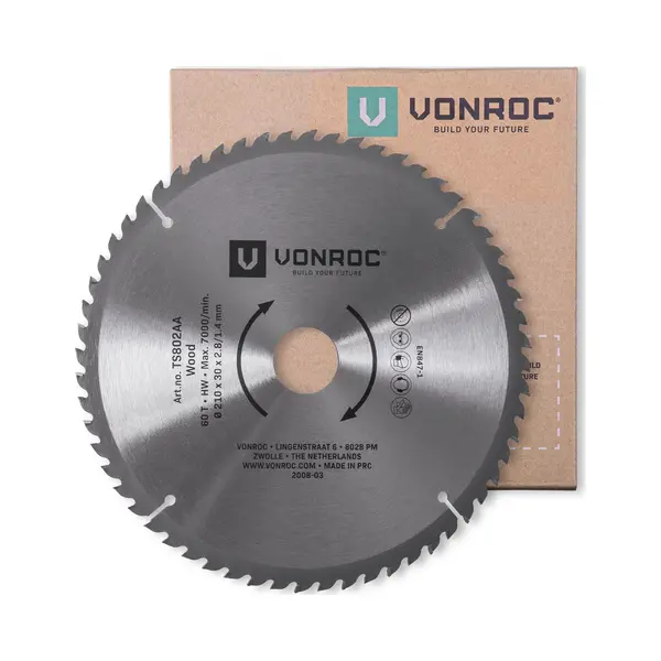 Vonroc Sägeblatt – 210mm – 60 Zähne – Für Holz – Geeignet Für Tischkreissägen Und Kappsägen thumbnail