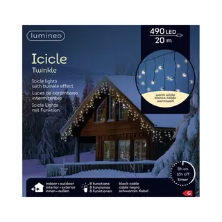 Lumineo Led-Lichterkette Lumineo Lichtervorhang Icicle Twinkle 490 Led 20 M Warm Weiß, Schwarz, 8 Twinkle-Effekte, 8h-Timer, Indoor/Outdoor, + 5 M
