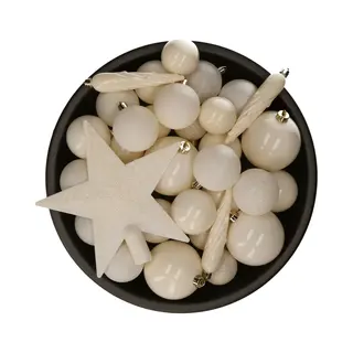 Christmas Decoration Weihnachtskugeln Mit Christbaumspitze Stern Kunststoff 33er Set Bruchsicher Ivory Elfenbein