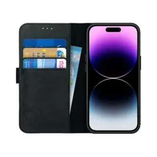 Rosso Deluxe Echt Leer Book Case Hoesje Geschikt Voor Apple IPhone 14 Pro | Ruimte Voor Drie Pasjes | Portemonnee Book Case | Met Pasjeshouder | Zwart