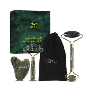 Sensage Jade Roller Met Gua Sha Steen - Massage - 100% Natuurlijk Groene Jade - Gezichtsroller - Face Roller - Roller - Gezichtsmassage - 4-delige