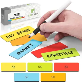 2Doboard 25 Herschrijfbare Balk Magneten 7, 5 Cm Mix 5 Kleuren (Rood, Oranje, Geel, Groen, Blauw)