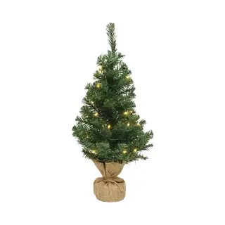 Everlands Kleine Volle Kerstboom In Jute Zak 45 Cm - Kunst Kerstbomen / Kunstbomen- Met 10 Lampjes - Op Batterijen