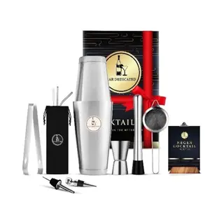Bar Dedicated Cocktail Shaker Set Zilver 13 Delig Met Jigger -Boston Shaker Incl. Receptenboek En Cadeauverpakking