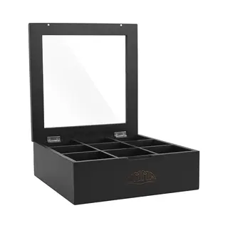 Theedoos - 9 Vakken - Theedoos Hout - Transparant Plexiglas Deksel - Magnetische Sluiting - Luxe Thee Doos - Schuine Vakjes - Bamboe - Van Nimma