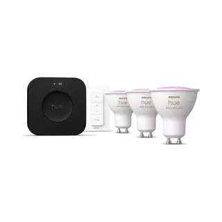 Philips by Signify Philips Hue White and Color ambiance Starter-Set: 3 GU10-Lampen + Dimmschalter + Hue Bridge Pro