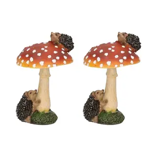 Paddenstoel Beeldje Met Egeltjes - 2x - 11 Cm - Herfstdecoratie - Voor Tuin En Huis - Polyresin Ornament