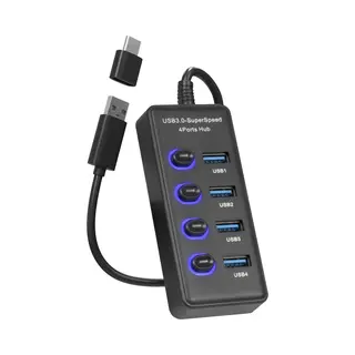 Nuvance Usb Hub - 3.0 – 4 Poorten - Usb Splitter – Usb C Hub/Adapter - Universeel - Aan/Uit Switch - Met Licht - Zwart