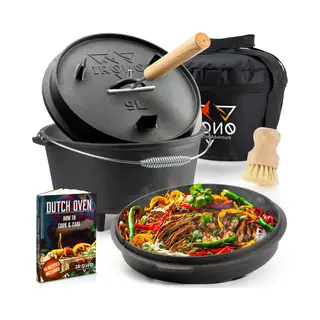 Irono Dutch Oven - Pan Gietijzer - 9 Liter - Gietijzeren Pan Bbq 5-delig - Multifunctionele Kookset - Braadpan Gietijzer Met Deksellifter - Bakpan -