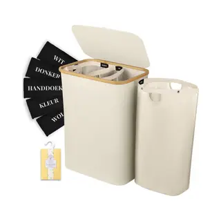 Sivableu Wasmand Beige 3 Vakken – Wassorteerder – 160L – 3 Uitneembare Zakken – Wasmand Met Deksel – Opvouwbaar - Laundry Basket - Wasbox -