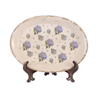 Clayre & Eef Onderbord 25x18x2 Cm Beige Blauw Keramiek Bloemen