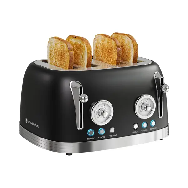 KitchenBrothers Retro-Toaster - Toaster - 6 Heizstufen - 4 Extra Breite Schlitze - 815W - Schwarz thumbnail