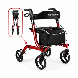 Medzone Rollator Leicht Und Faltbar - Sitzfunktion - Für Drinnen Und Draußen - Rückenlehne Und Gehstockhalterung - Champagner - Rot