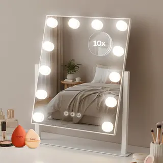 Fraay® Hollywood Spiegel Met Verlichting 41x30cm - 3 Lichtstanden - Make Up Spiegel Met 10x Vergrootspiegel - Led Verlichting Dimbaar - Incl. Beauty