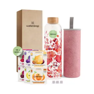 waterdrop Microdrink Waterdrop® Glass Starter Set – 600ml Borosilicate Glass Bottle + 18 Sugar-Free Microdrink Hydration Cubes In 6 Flavours, Vitamin C & B Infused, Bpa