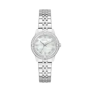 Guess Damen Armbanduhr GW1027L1 Colette Pearl, 32 Mm Edelstahl Silber, Perlmutt Zifferblatt, Quarz, Mineralglas, 3 Atm, Zirkonia, Gliederarmband 16 Mm